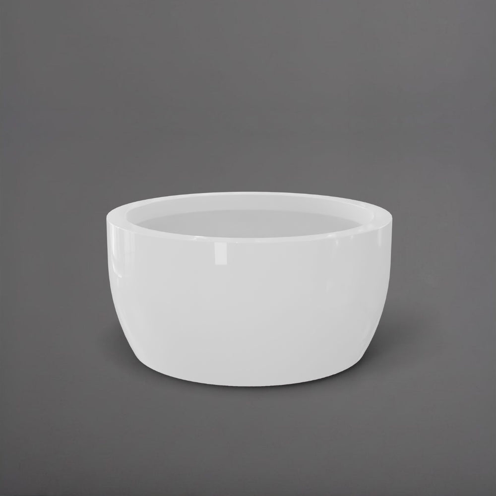 Casablanca Bowl Fiberglass Planter in gloss bright white against gray background.