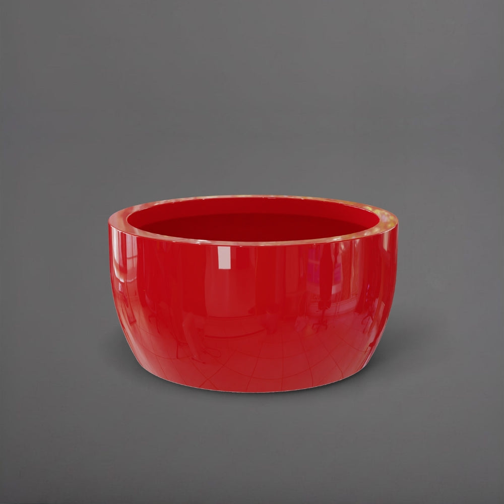 Casablanca Bowl Fiberglass Planter in gloss red against gray background.