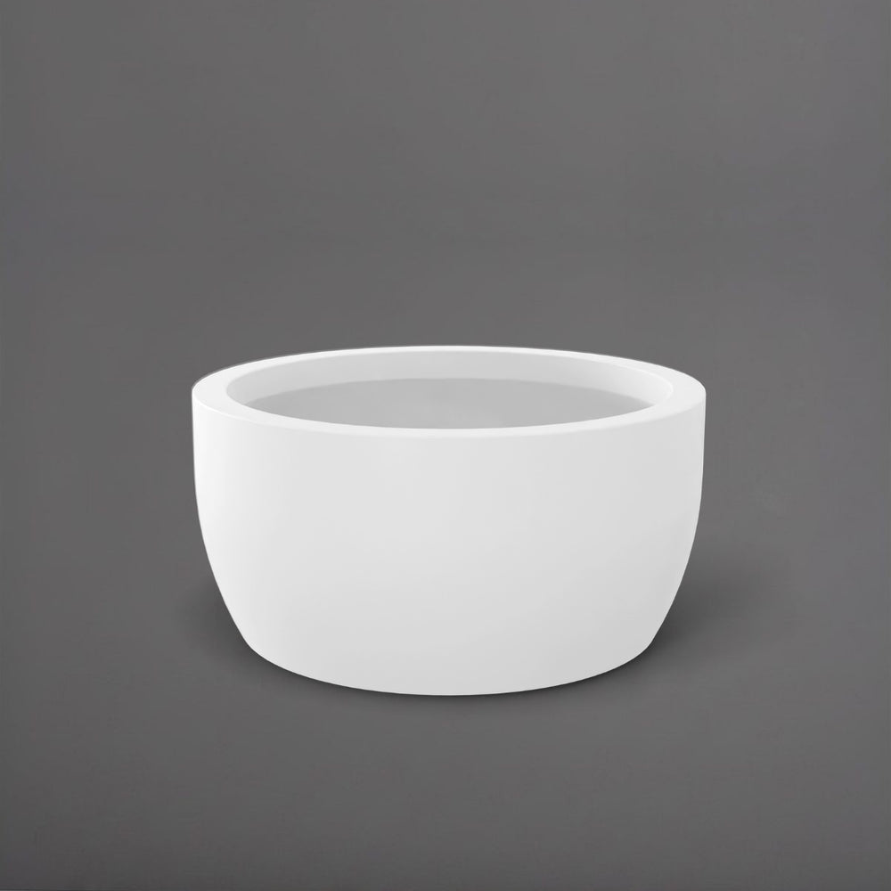 Casablanca Bowl Fiberglass Planter in matte bright white against gray background.