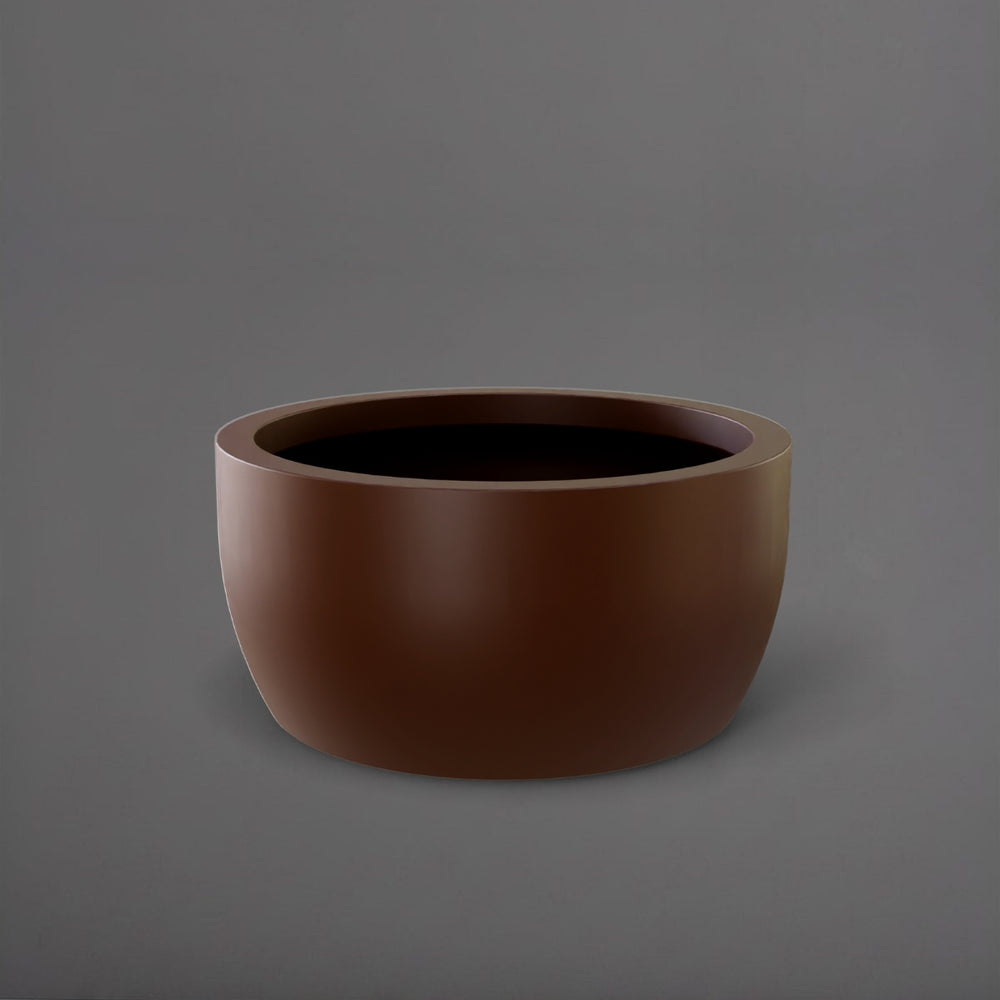 Casablanca Bowl Fiberglass Planter in matte dark brown against gray background.