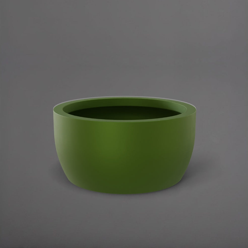 Casablanca Bowl Fiberglass Planter in satin green against gray background.