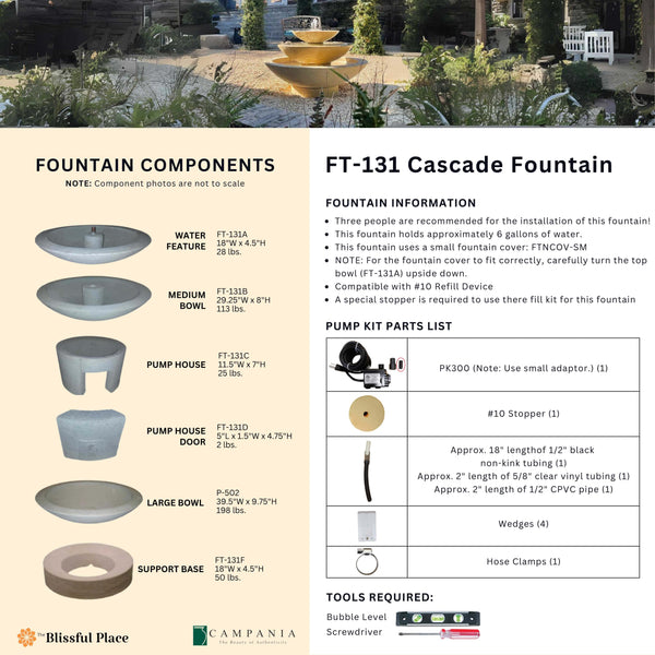 Complete overview of the Cascade Fountain with dimensions, weights, pump kit parts, tools, and general info.