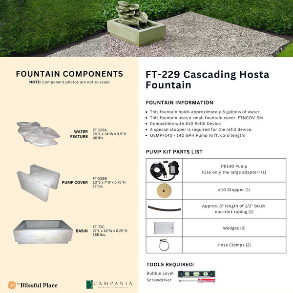 Complete overview of the Cascading Hosta Fountain with dimensions, weights, pump kit parts, tools, and general info.