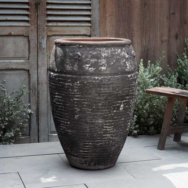 Catania Jar Planter - Vicolo Noir - S/1 on concrete in the backyard