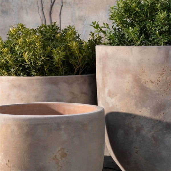 Causago Planter - Antico Terra Cotta - on concrete filled with plants upclose.