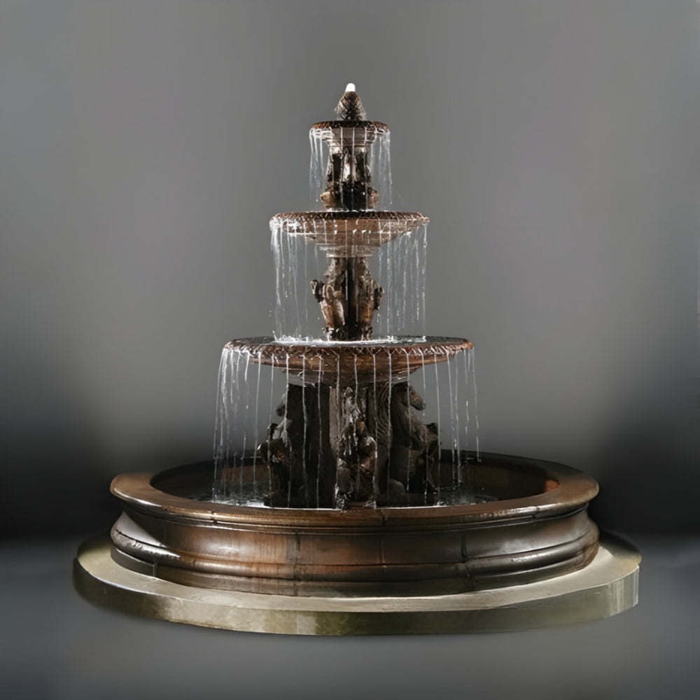 Cavalli Fountain with 12 Foot Bracci Basin in action against white background.