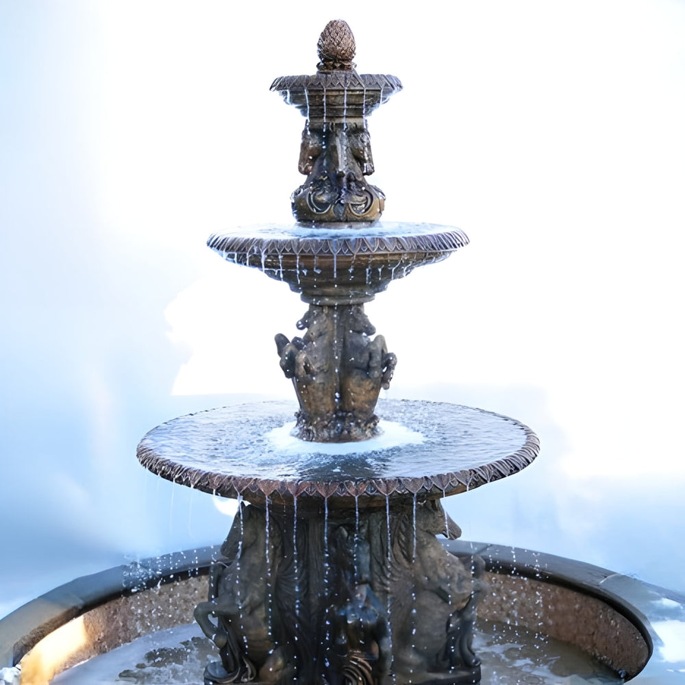 Cavalli Fountain with 12 Foot Bracci Basin in action against white background.