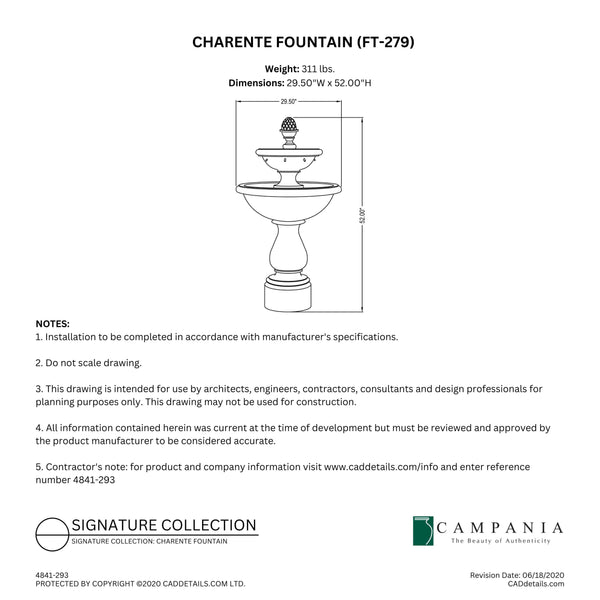 CAD drawing of the Charente Fountain with dimensions, weight, and manufacturer notes.