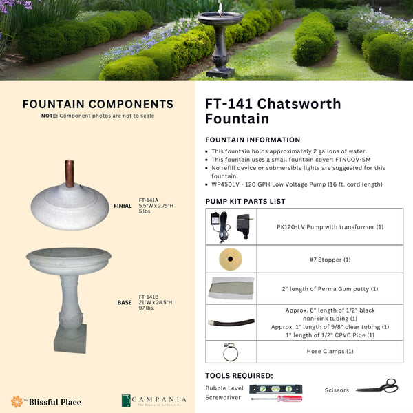 Complete overview of the Chatsworth Fountain with dimensions, weights, pump kit parts, tools, and general info.