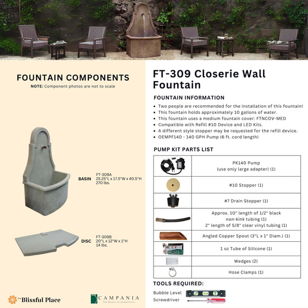 Complete overview of the Closerie Wall Fountain with dimensions, weights, pump kit parts, tools, and general info.
