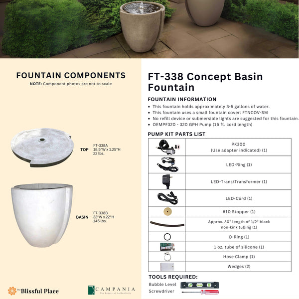 Complete overview of the Concept Basin Fountain with dimensions, weights, pump kit parts, tools, and general info.