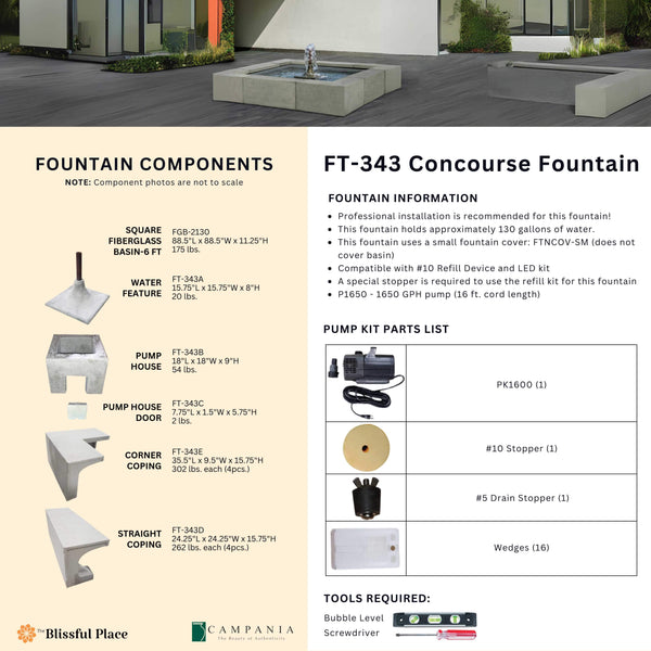 Complete overview of the Concourse Fountain with dimensions, weights, pump kit parts, tools, and general info.