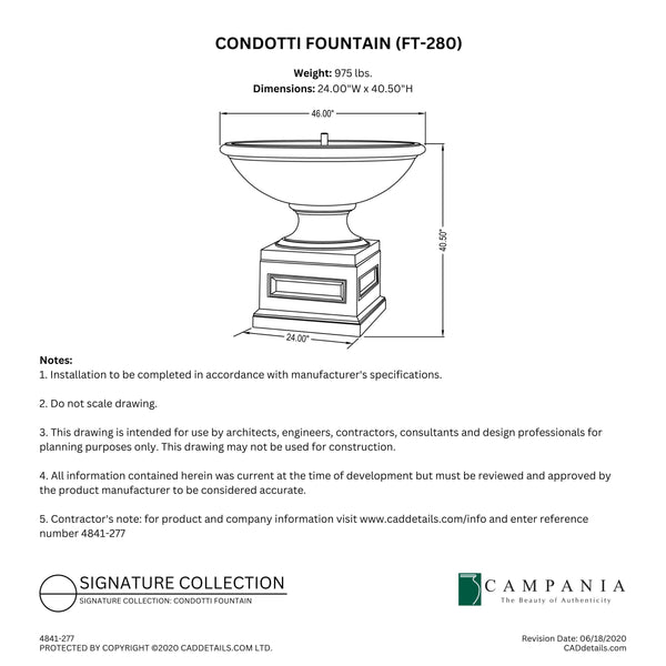 CAD drawing of the Condotti Fountain with dimensions, weight, and manufacturer notes.