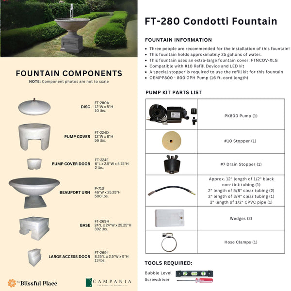 Complete overview of the Condotti Fountain with dimensions, weights, pump kit parts, tools, and general info.