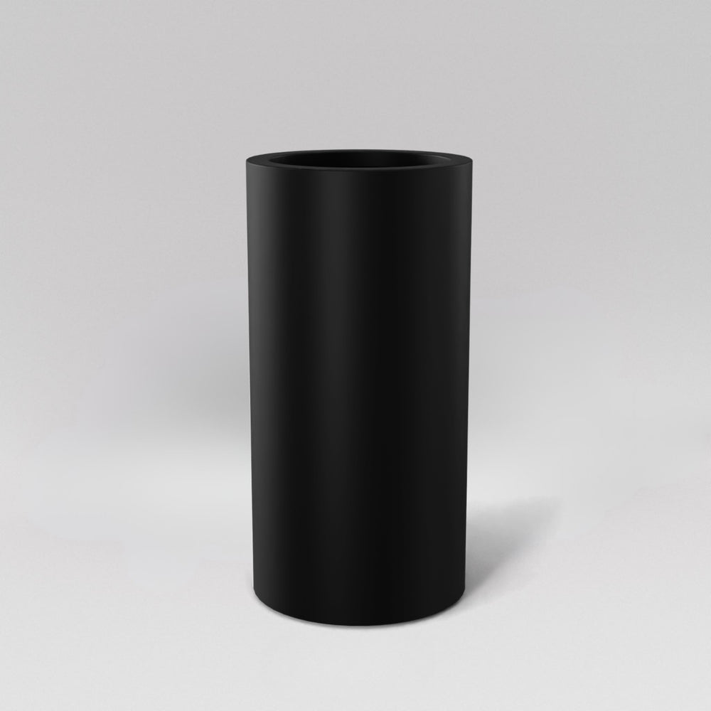 Corry Tall Cylinder Fiberglass Planter in matte black against gray background. 