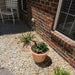 Cortona Planter - Terra Cotta - S/3 with blooming flowers placed in a decorative rock garden beside a brick house.