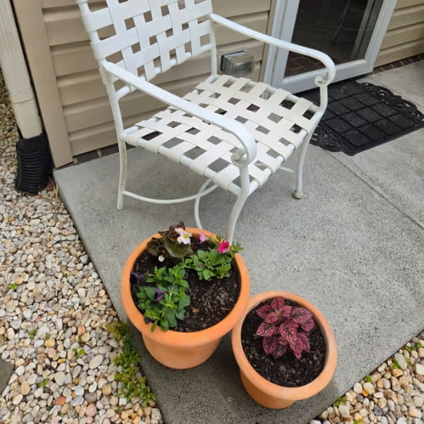Cortona Planter - Terra Cotta - S/3 filled with plants beside white chair outside the house.
