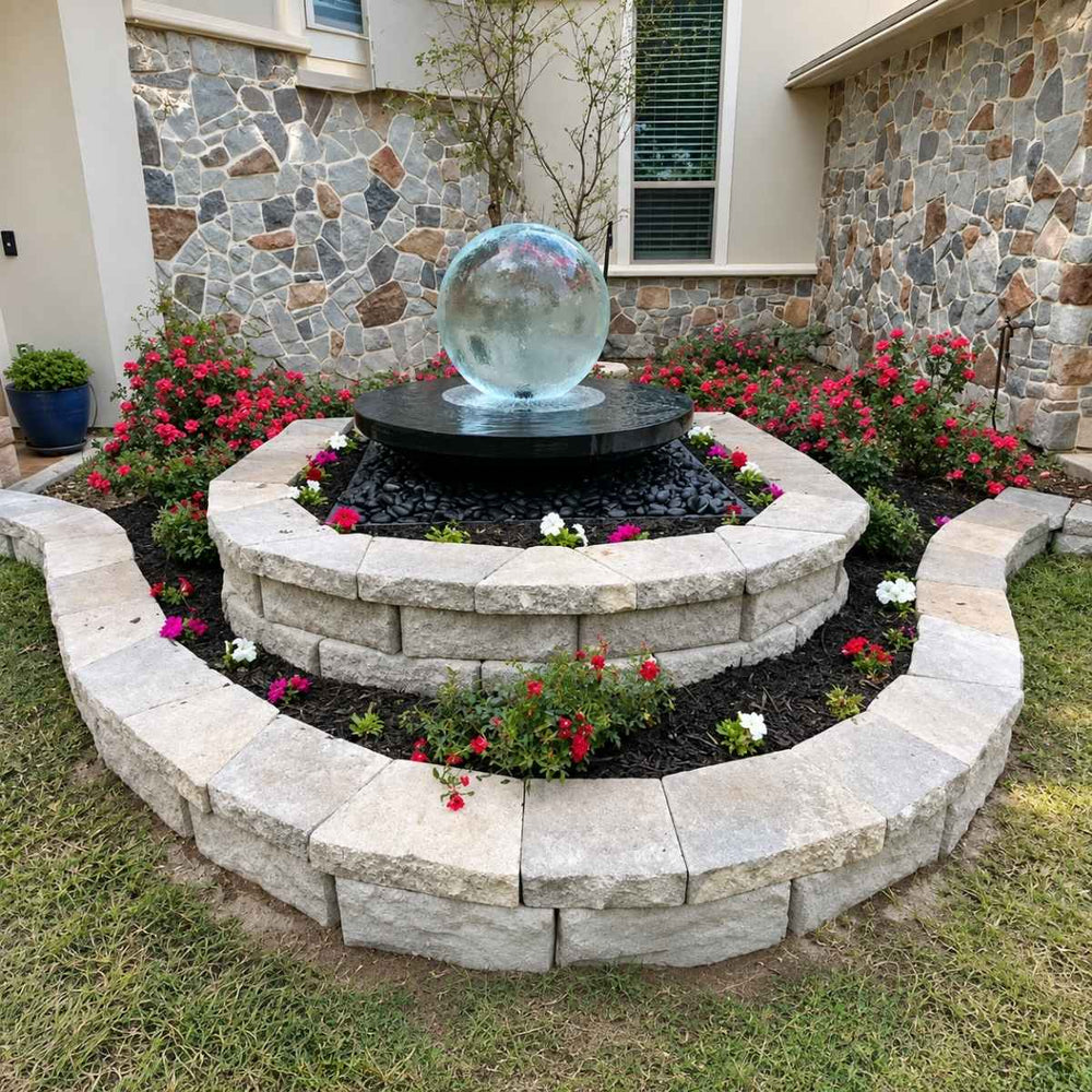 Crystal Sphere Fountain Kit installed in round stone bed with colorful flowers in front of home with stone exterior