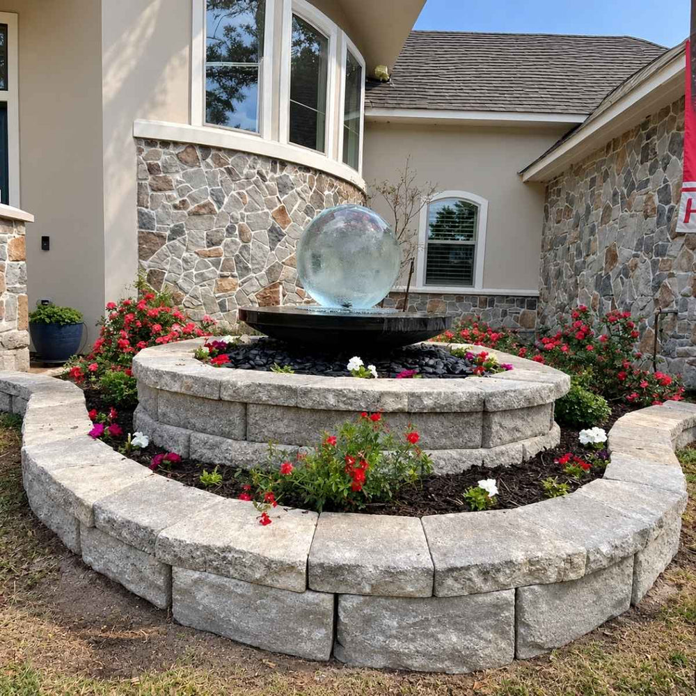 Crystal Sphere Fountain Kit Set in circular stone bed surrounded by flowers in front of house with stone exterior