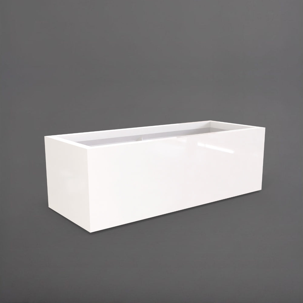 Cuba Low Rectangle Fiberglass Planter in gloss bright white against gray background.