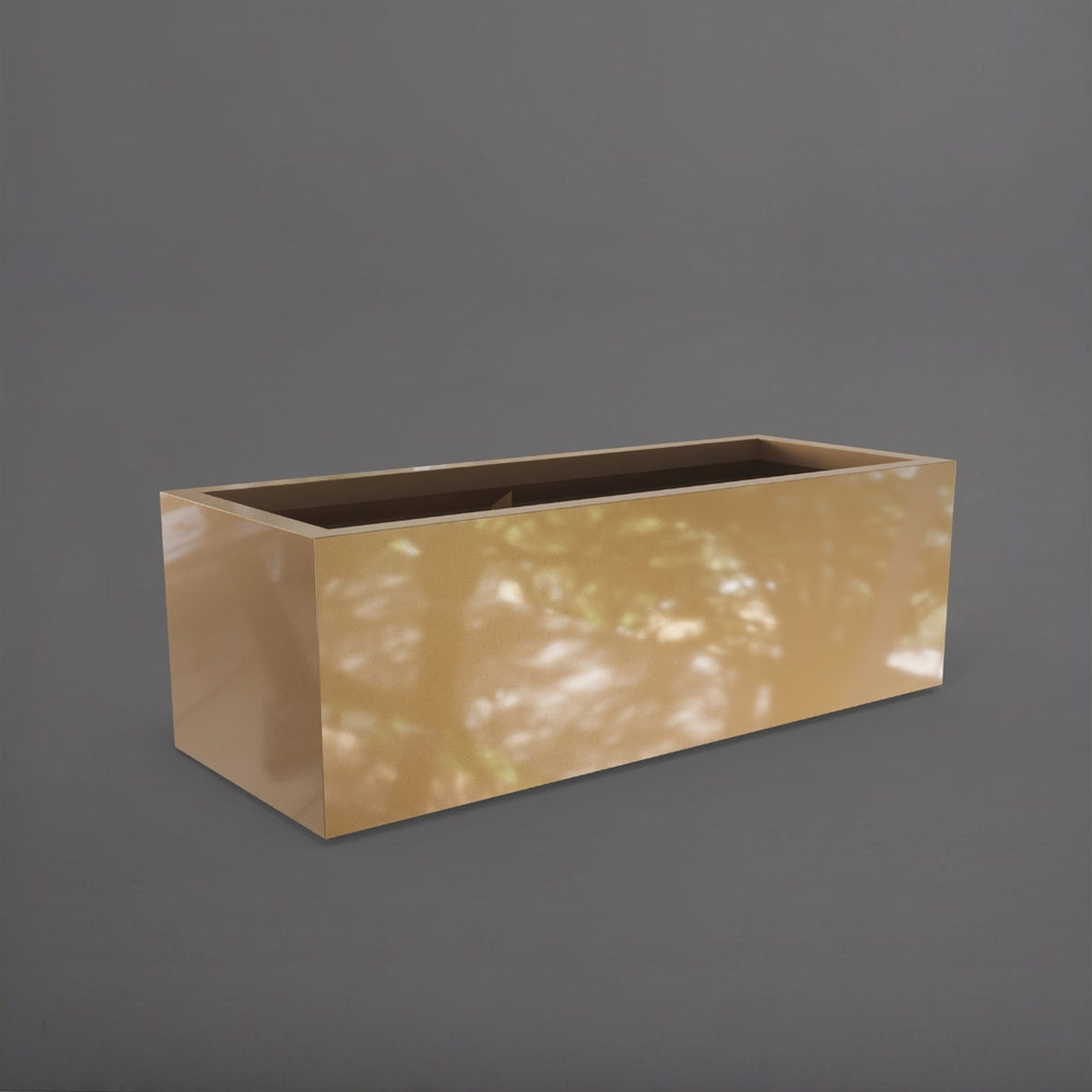 Cuba Low Rectangle Fiberglass Planter in gloss metallic gold against gray background.