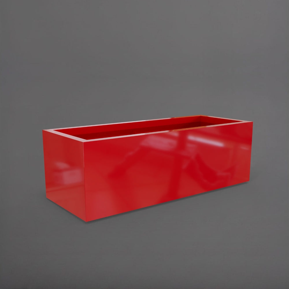 Cuba Low Rectangle Fiberglass Planter in gloss red against gray background.