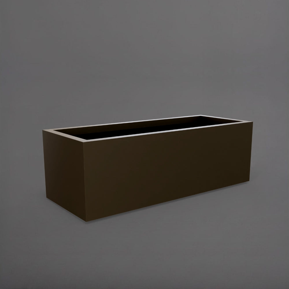 Cuba Low Rectangle Fiberglass Planter in matte bronze against gray background.