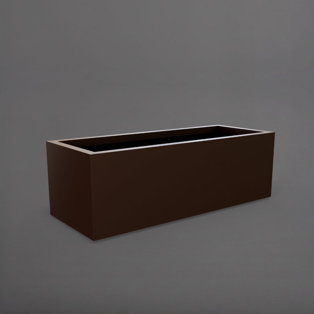 Cuba Low Rectangle Fiberglass Planter in matte dark brown against gray background.