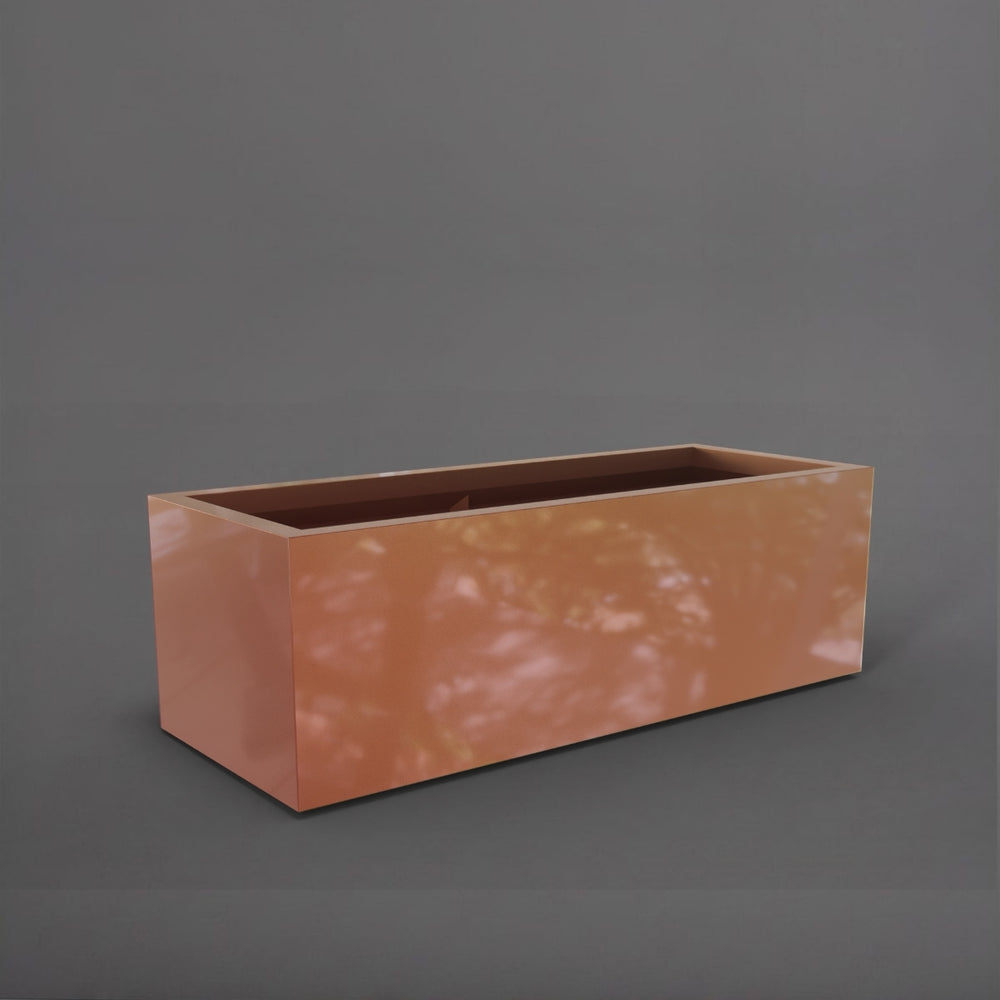 Cuba Low Rectangle Fiberglass Planter in metallic bronze against gray background.