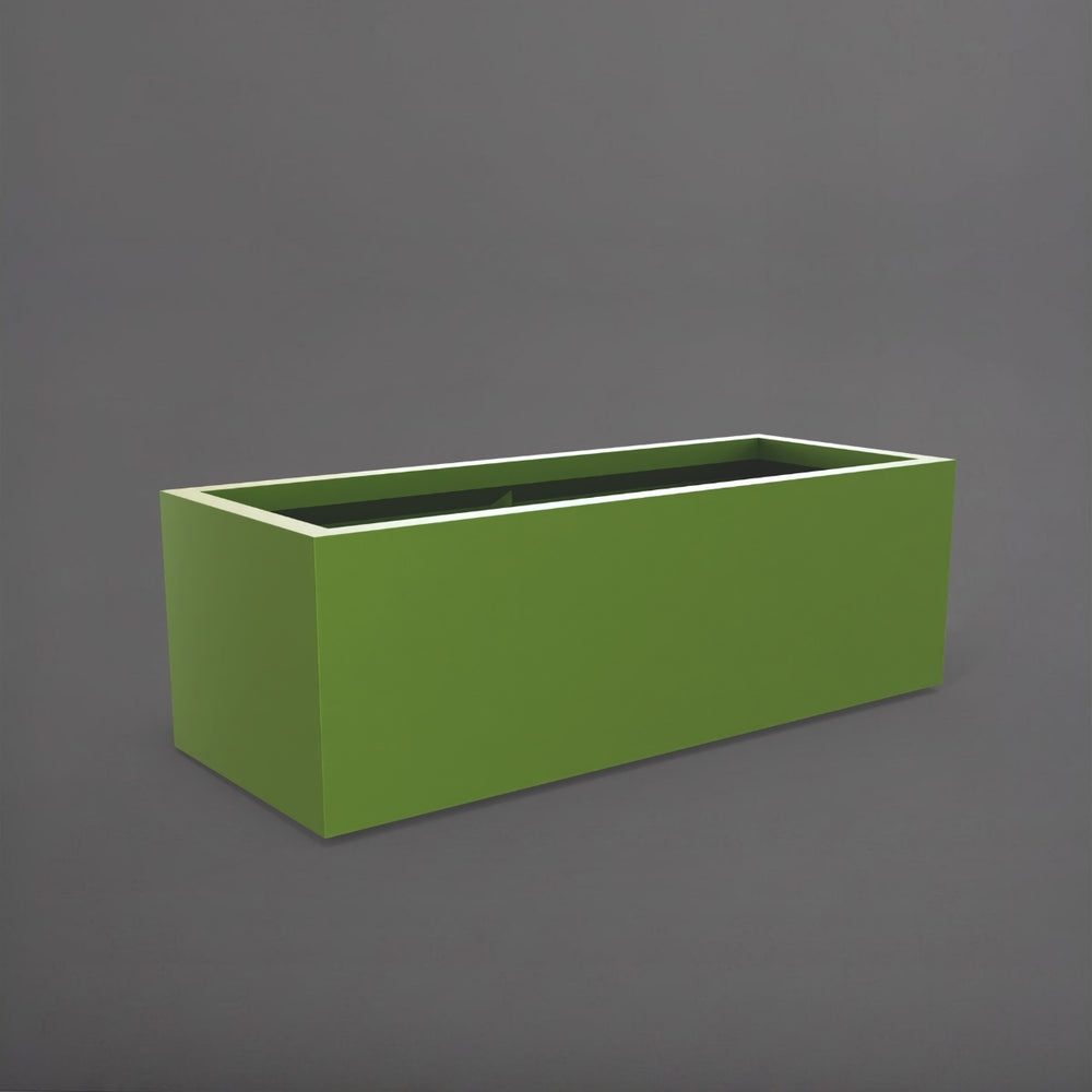 Cuba Low Rectangle Fiberglass Planter in satin green against gray background.
