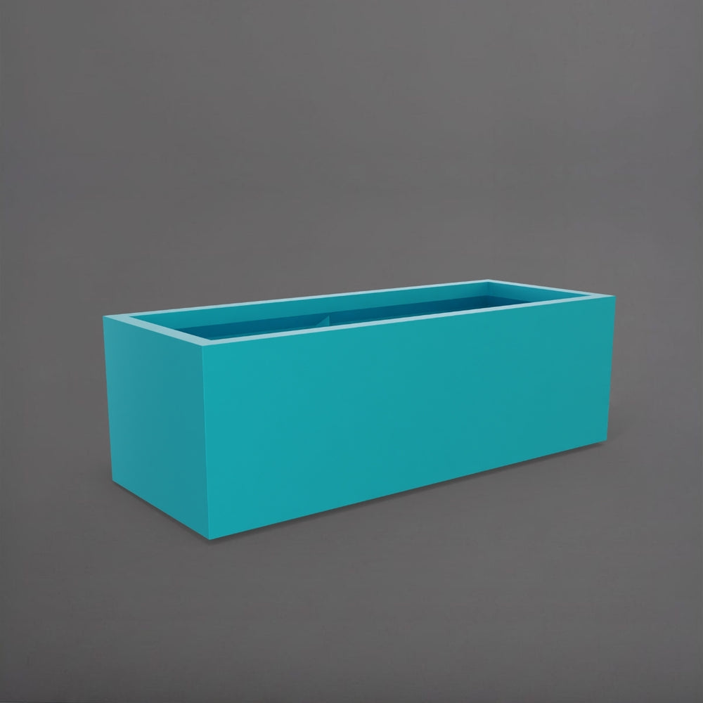 Cuba Low Rectangle Fiberglass Planter in satin seafoam green against gray background.