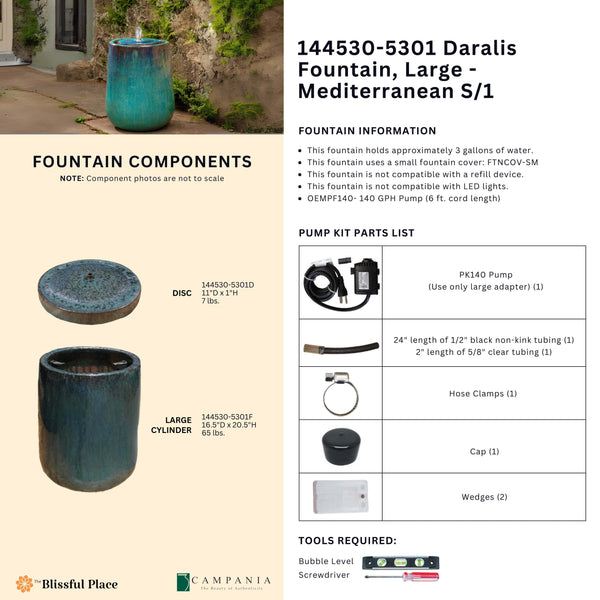 Info sheet for the Daralis Fountain, Large - Mediterranean listing components, dimensions, weights, pump parts, and required tools.