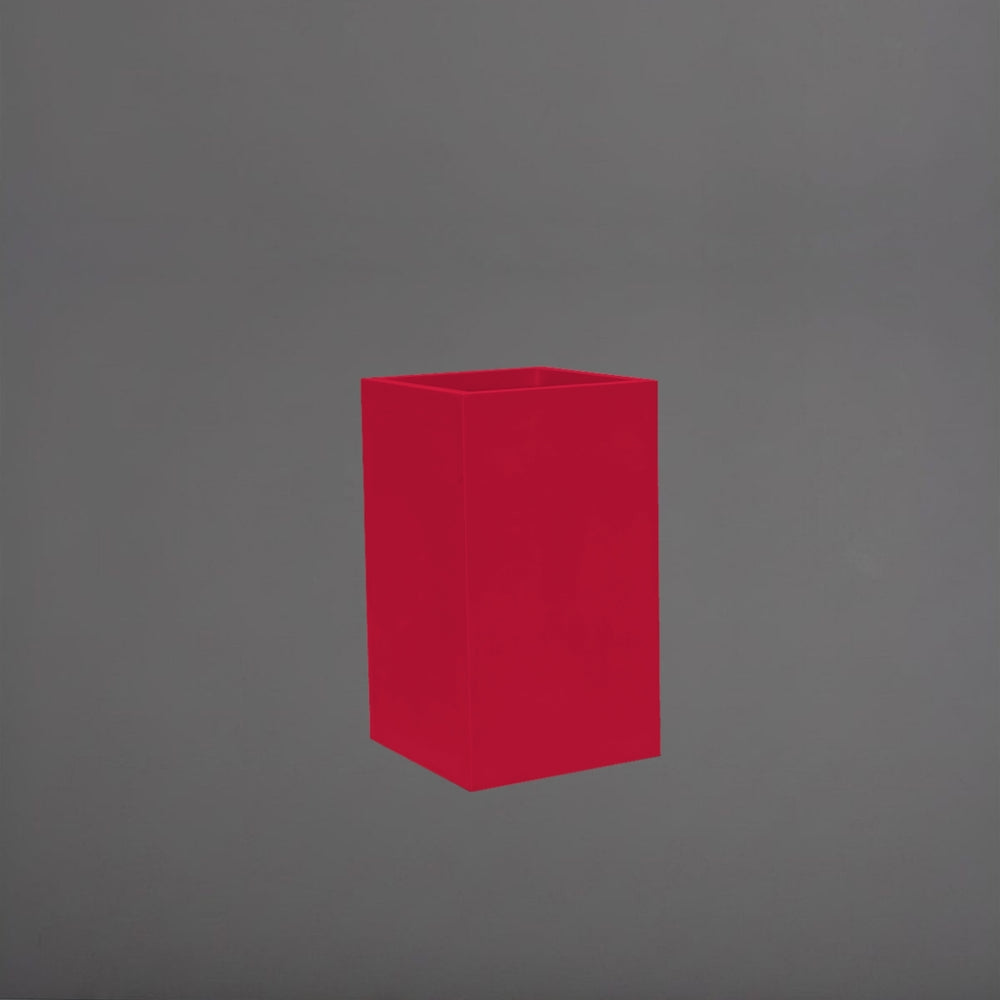 Darwin Tall Corner Fiberglass Planter in gloss red against gray background.
