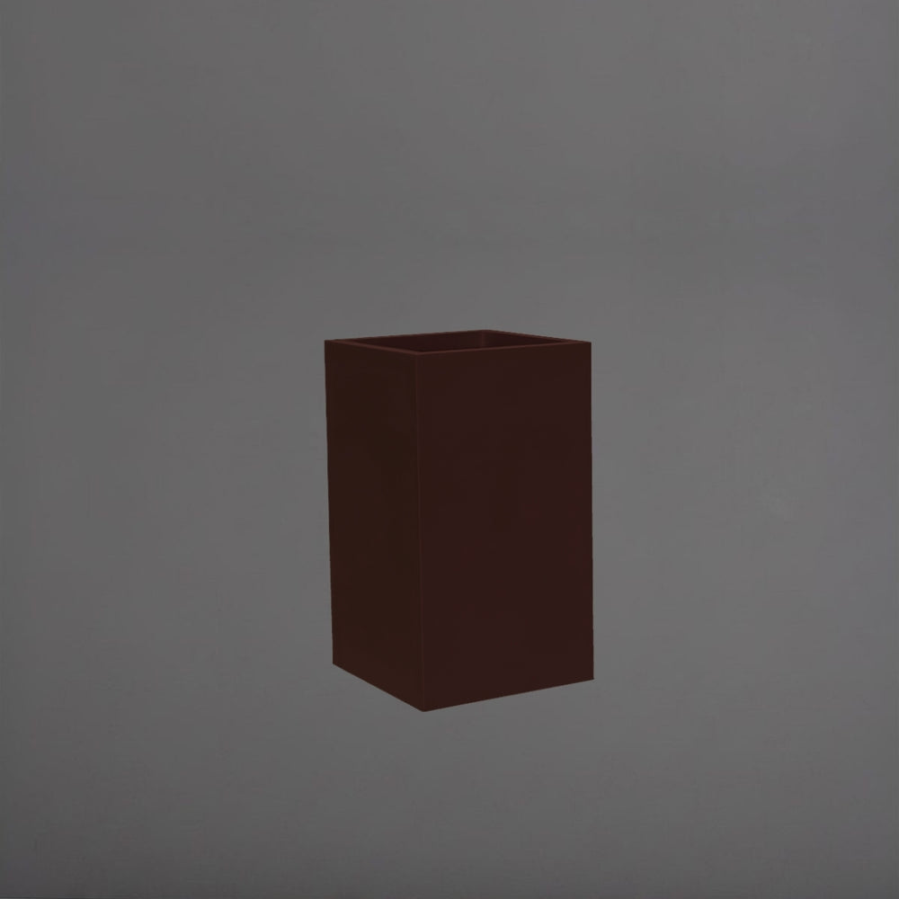 Darwin Tall Corner Fiberglass Planter in matte dark brown against gray background.