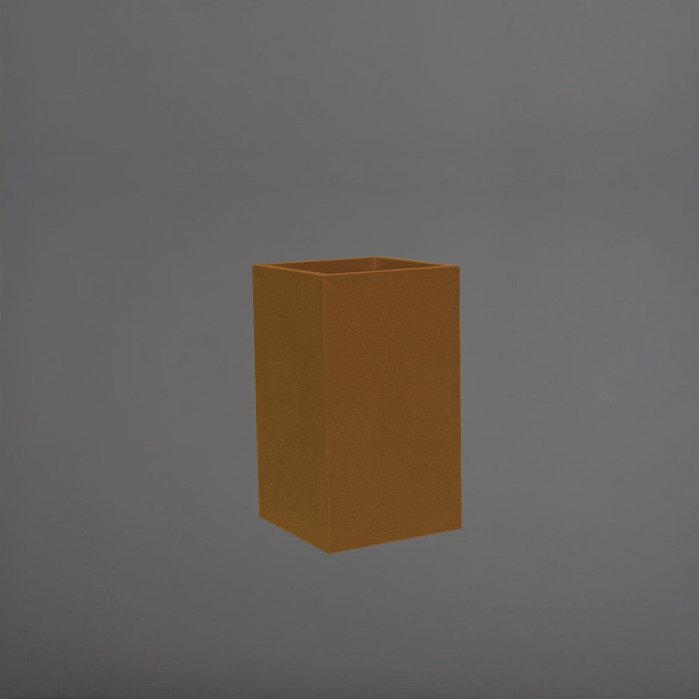 Darwin Tall Corner Fiberglass Planter in metallic bronze against gray background.