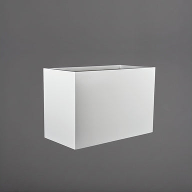 Darwin Tall Rectangle Fiberglass Planter in gloss bright white against gray background.