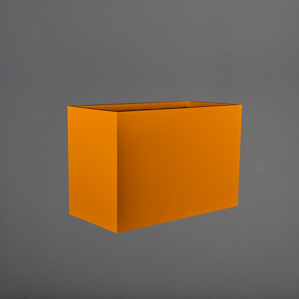 Darwin Tall Rectangle Fiberglass Planter in gloss tangerine against gray background.