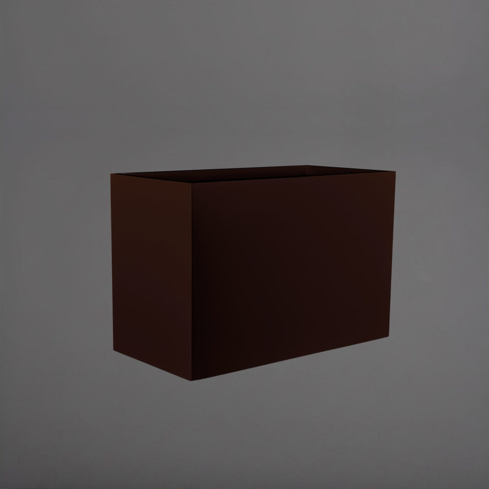 Darwin Tall Rectangle Fiberglass Planter in matte dark brown against gray background.