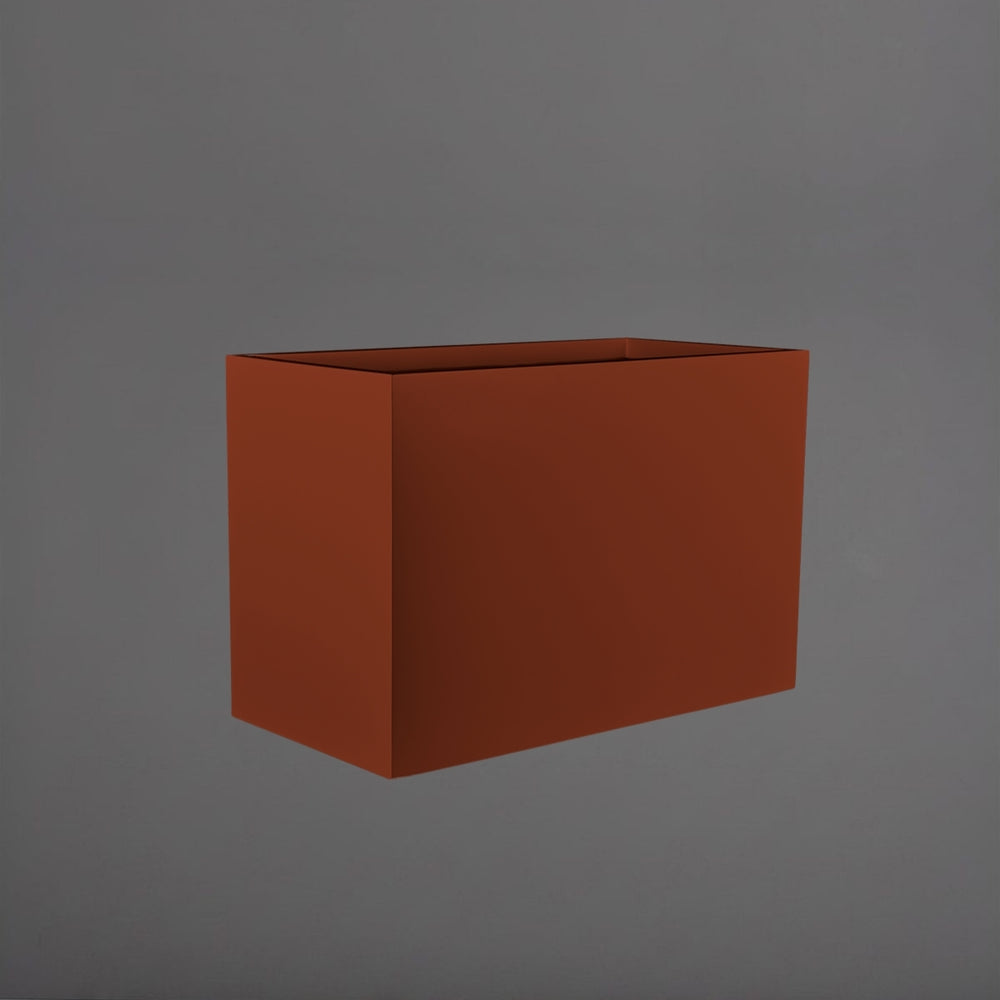 Darwin Tall Rectangle Fiberglass Planter in matte terra cotta against gray background.