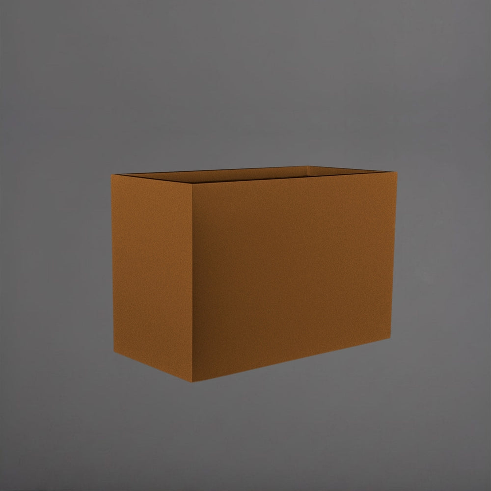 Darwin Tall Rectangle Fiberglass Planter in metallic bronze against gray background.