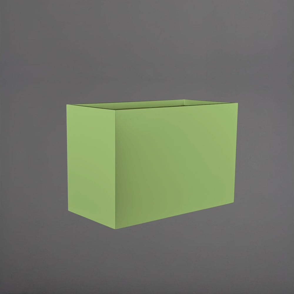 Darwin Tall Rectangle Fiberglass Planter in satin green against gray background.
