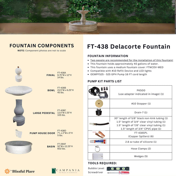 Complete overview of the Delacorte Fountain with dimensions, weights, pump kit parts, tools, and general info.