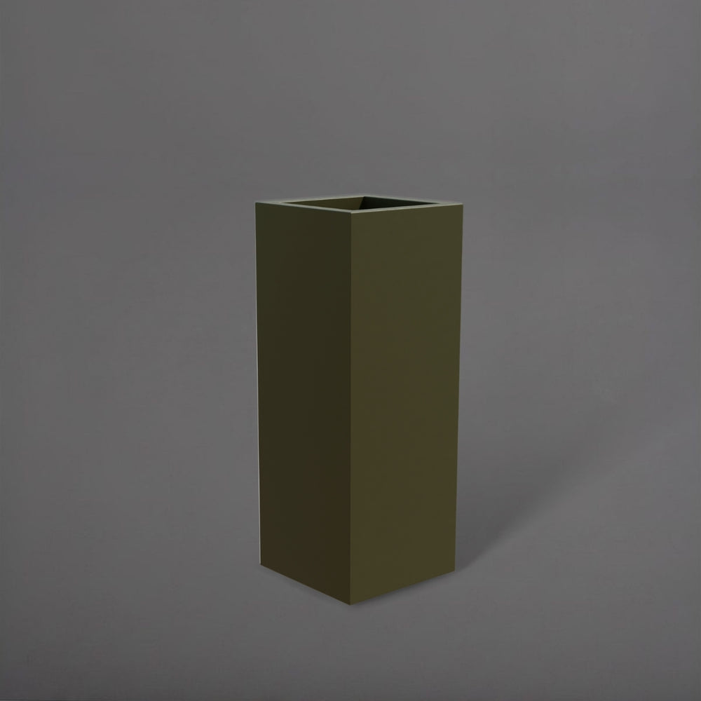 Delray Tall Corner Fiberglass Planter in matte bronze against gray background.