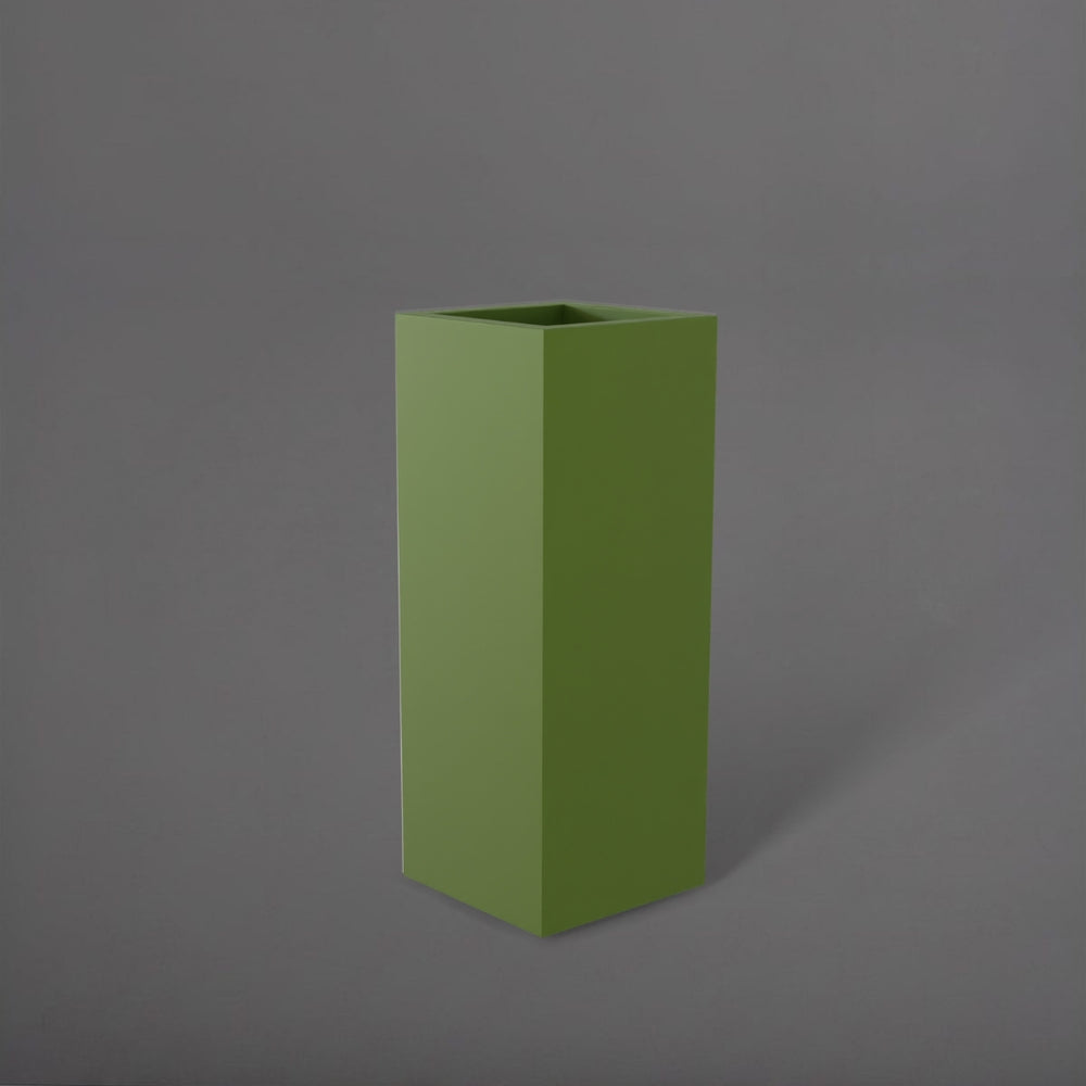 Delray Tall Corner Fiberglass Planter in satin green against gray background.