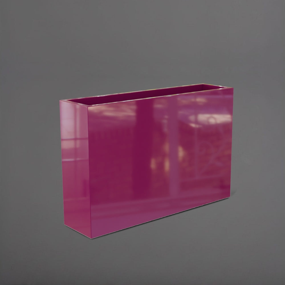 Delray Tall Rectangle Fiberglass Planter in gloss eggplant against gray background.