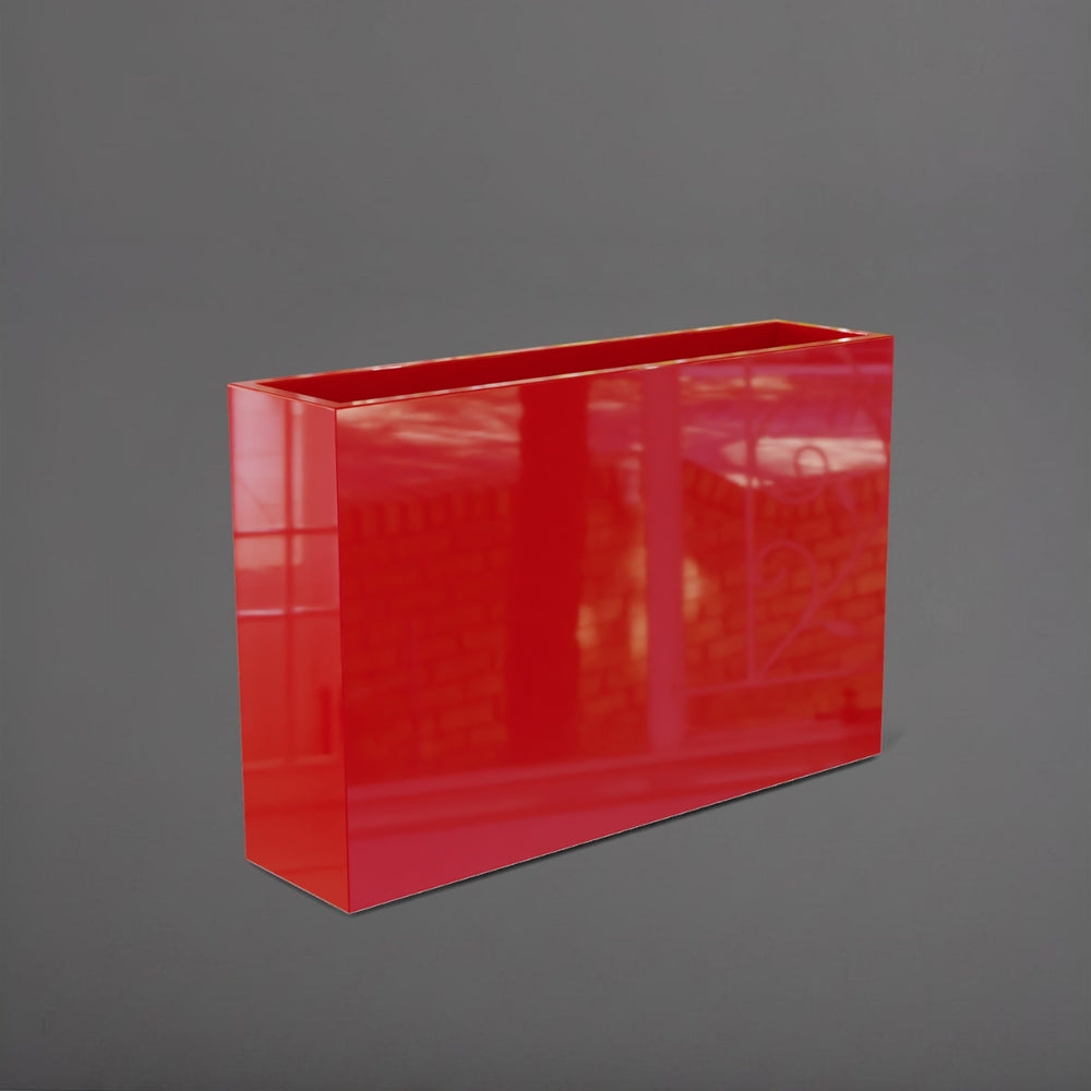 Delray Tall Rectangle Fiberglass Planter in gloss red against gray background.