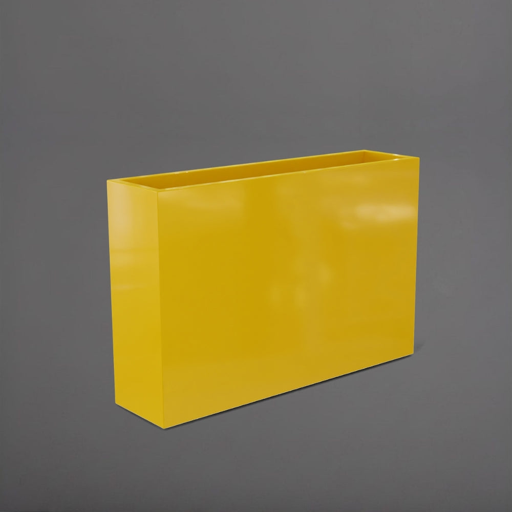 Delray Tall Rectangle Fiberglass Planter in gloss saffron against gray background.