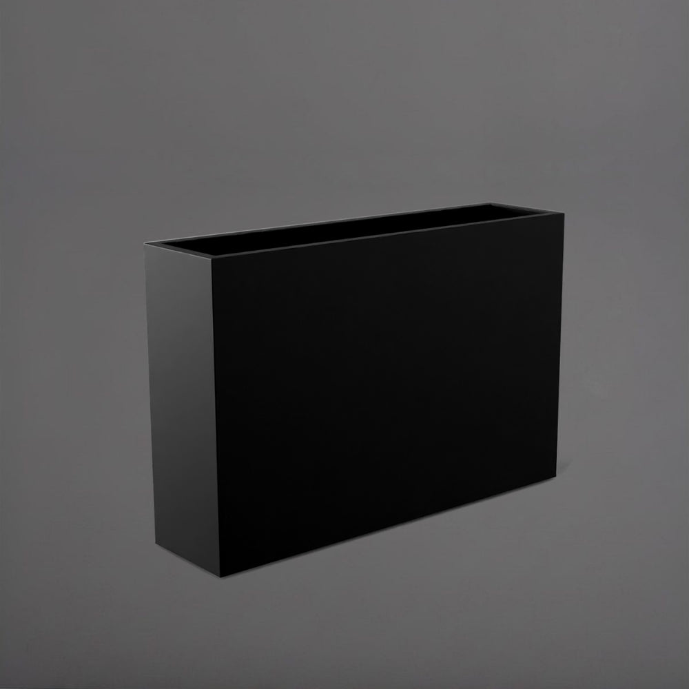 Delray Tall Rectangle Fiberglass Planter in matte black against gray background.