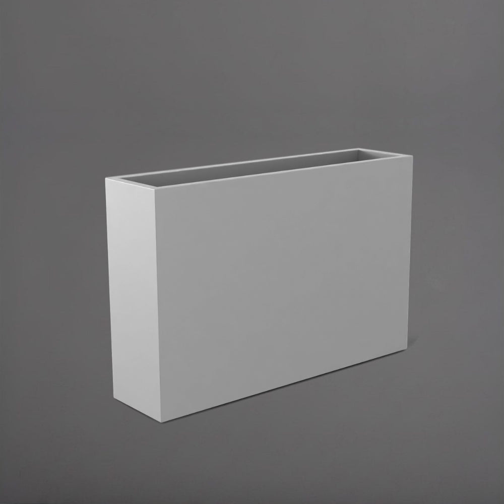 Delray Tall Rectangle Fiberglass Planter in matte cement grey against gray background.
