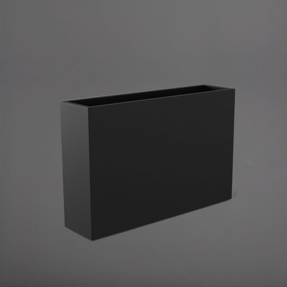 Delray Tall Rectangle Fiberglass Planter in matte charcoal against gray background.
